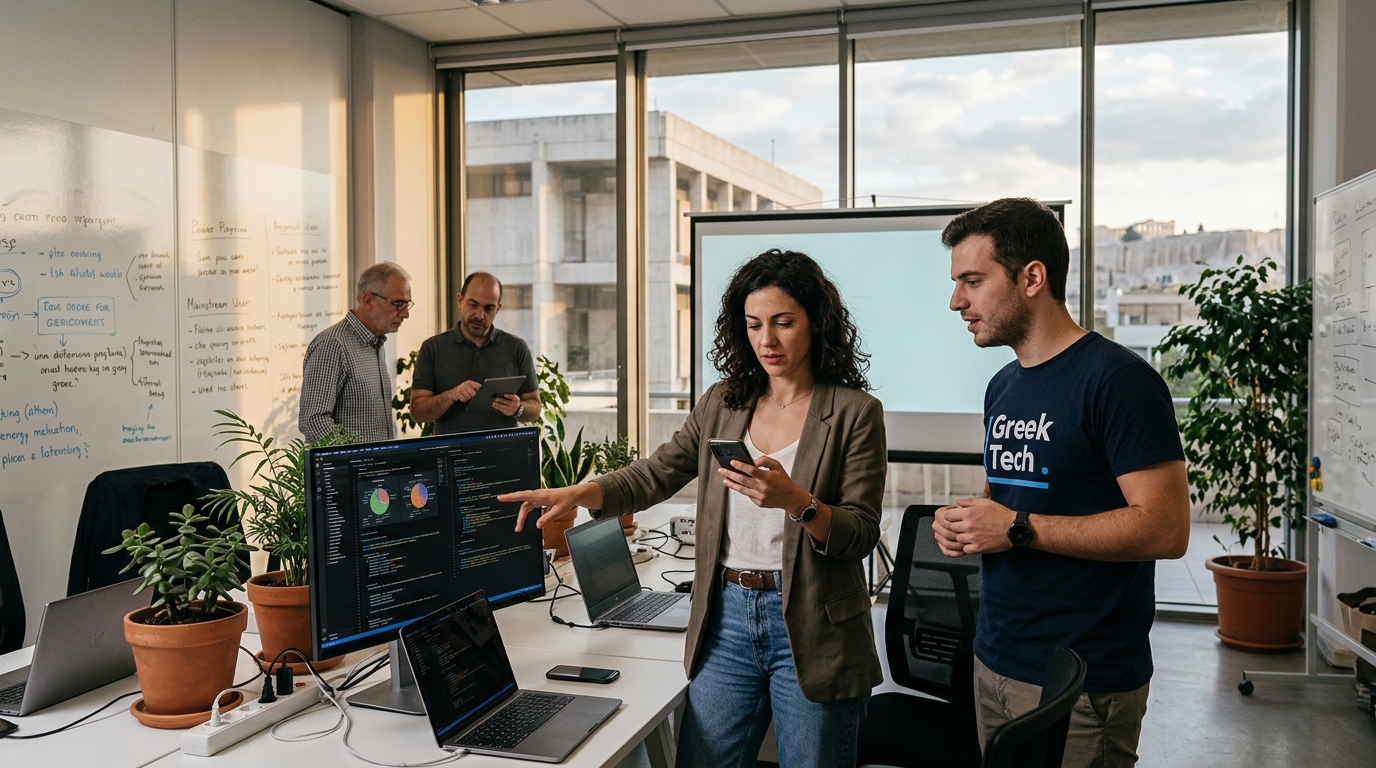 Different social groups interacting with artificial intelligence technology.
