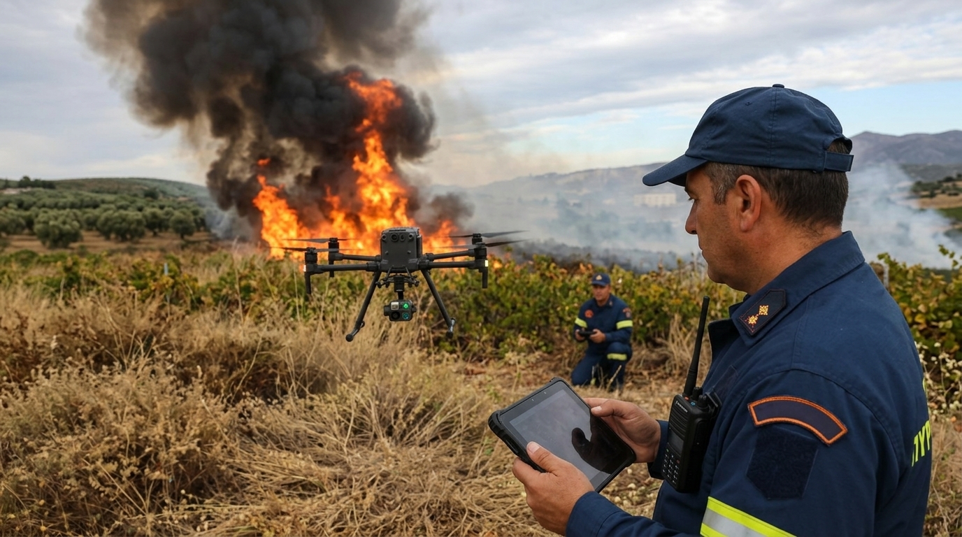 Fleet of drones equipped with AI for wildfire prevention in Greece during the 2026 season.