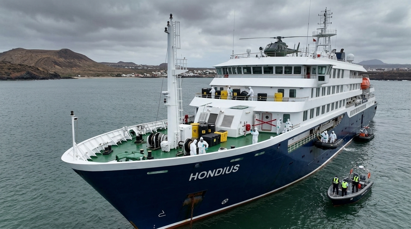 Το κρουαζιερόπλοιο MV Hondius σε αποστολή, σχετιζόμενο με την έξαρση του χανταϊού.