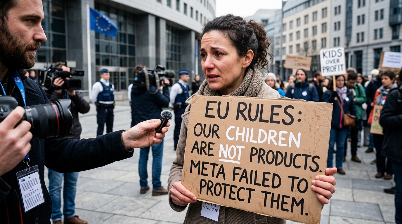 Meta logo and European Union flag representing child safety regulations under DSA.
