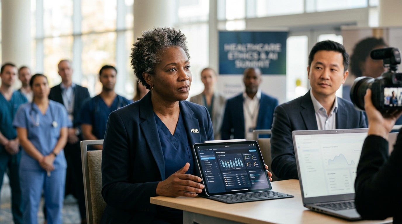 Nurse reviewing AI healthcare data on a tablet in a clinical setting