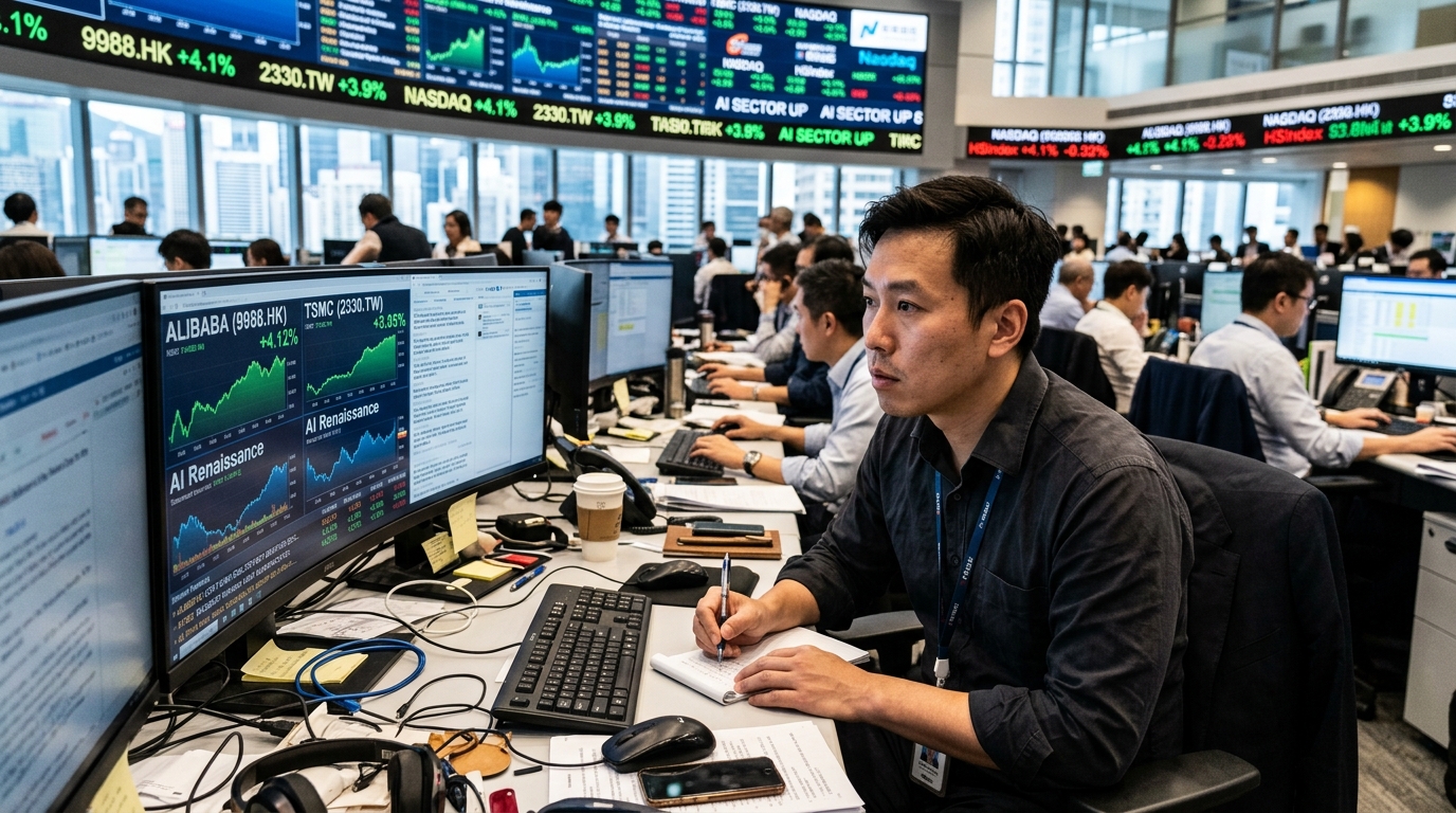 Μετοχές Alibaba και TSMC σε ψηφιακό ταμπλό που δείχνει την άνοδο της AI στην Ασία.