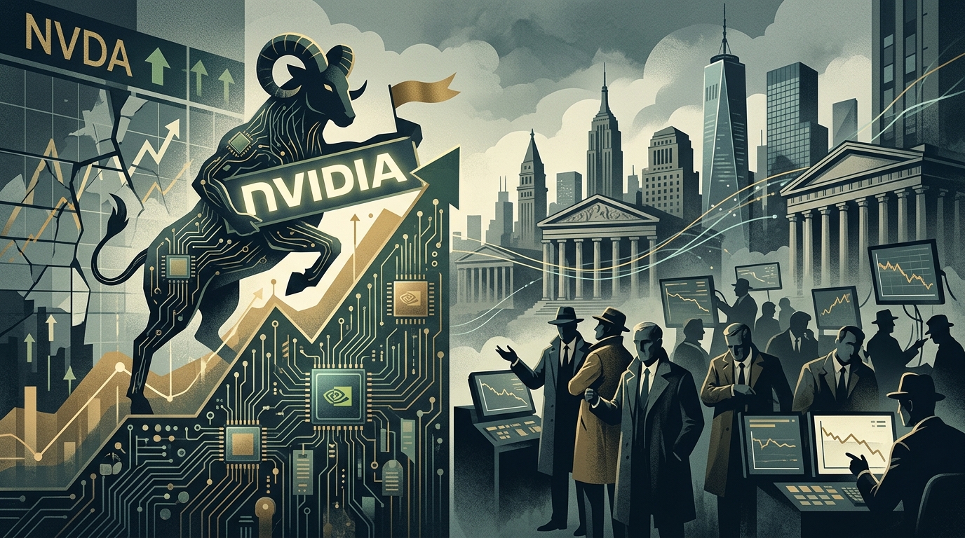 Nvidia stock market charts and company logo against a Wall Street backdrop.
