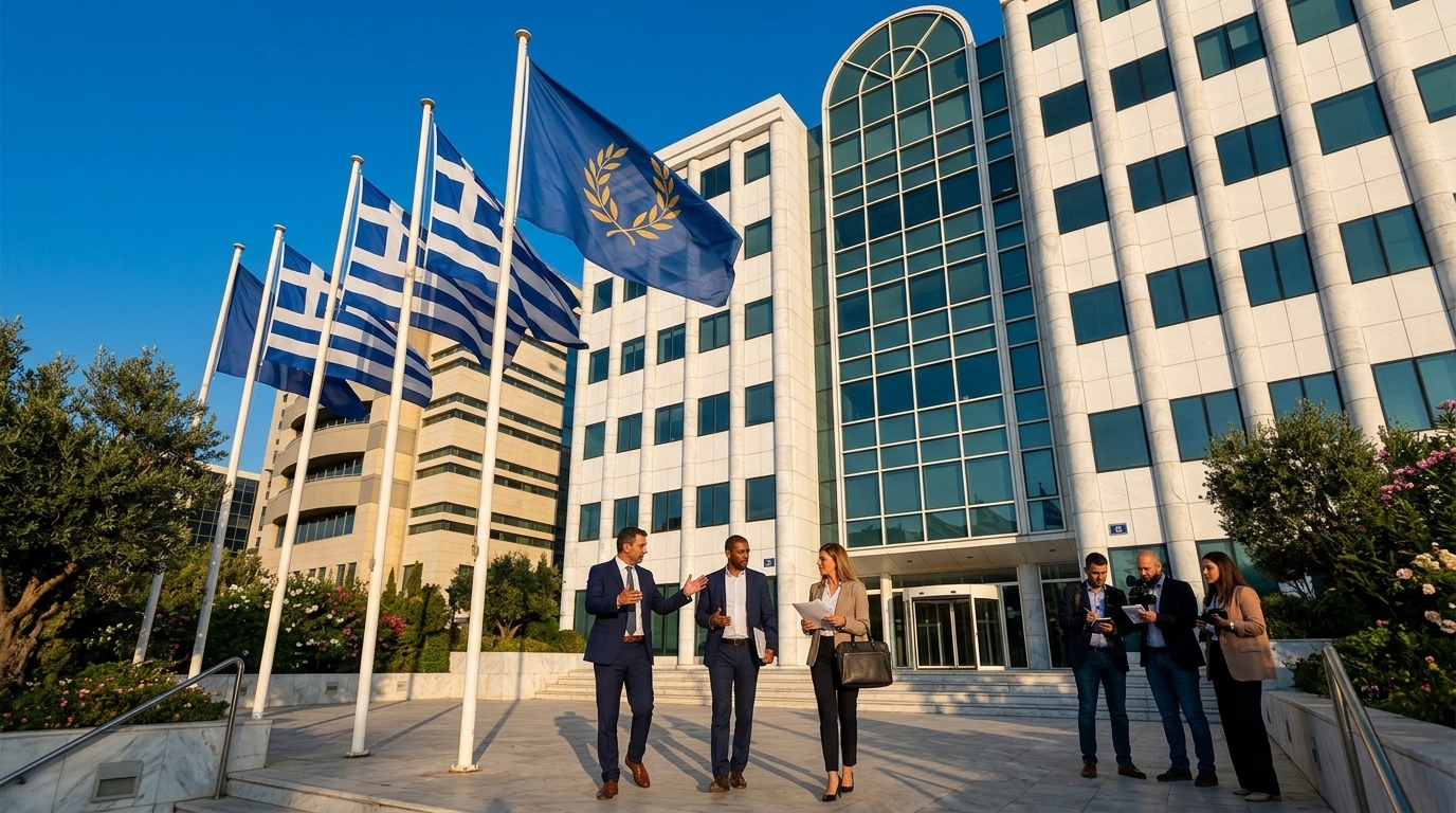 The Athens Stock Exchange building with rising stock market price charts.