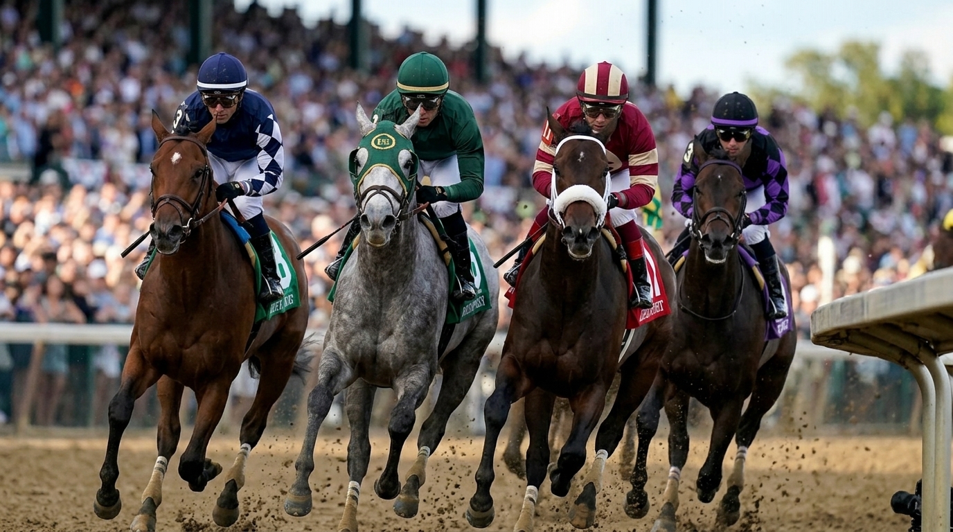 Άλογα στο Churchill Downs κατά τη διάρκεια του Kentucky Derby με έμφαση στο στοίχημα.