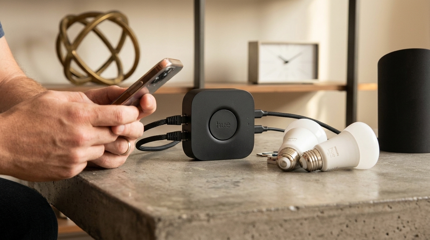 Η συσκευή Philips Hue Bridge Pro που υποστηρίζει την τεχνολογία SpatialAware για έξυπνο φωτισμό.