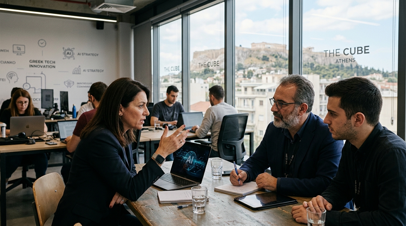 Modern office in Greece with professionals using artificial intelligence for strategic business planning.