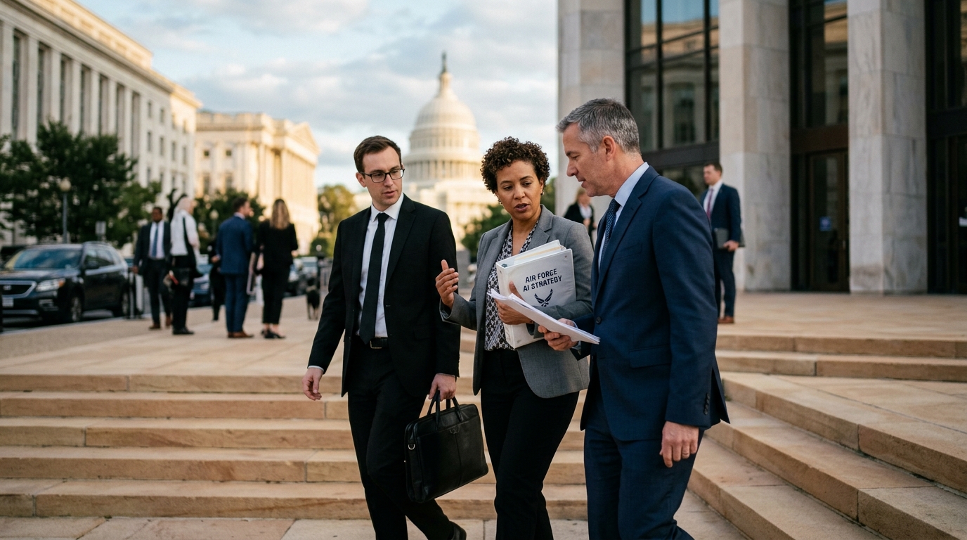 US Air Force personnel analyzing Artificial Intelligence data for strategic workforce development.