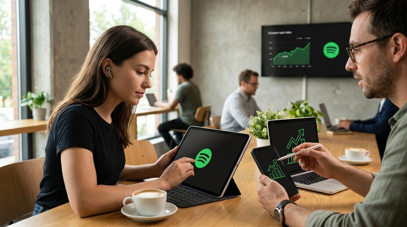 Το λογότυπο του Spotify σε ψηφιακή οθόνη με διαγράμματα κερδοφορίας.