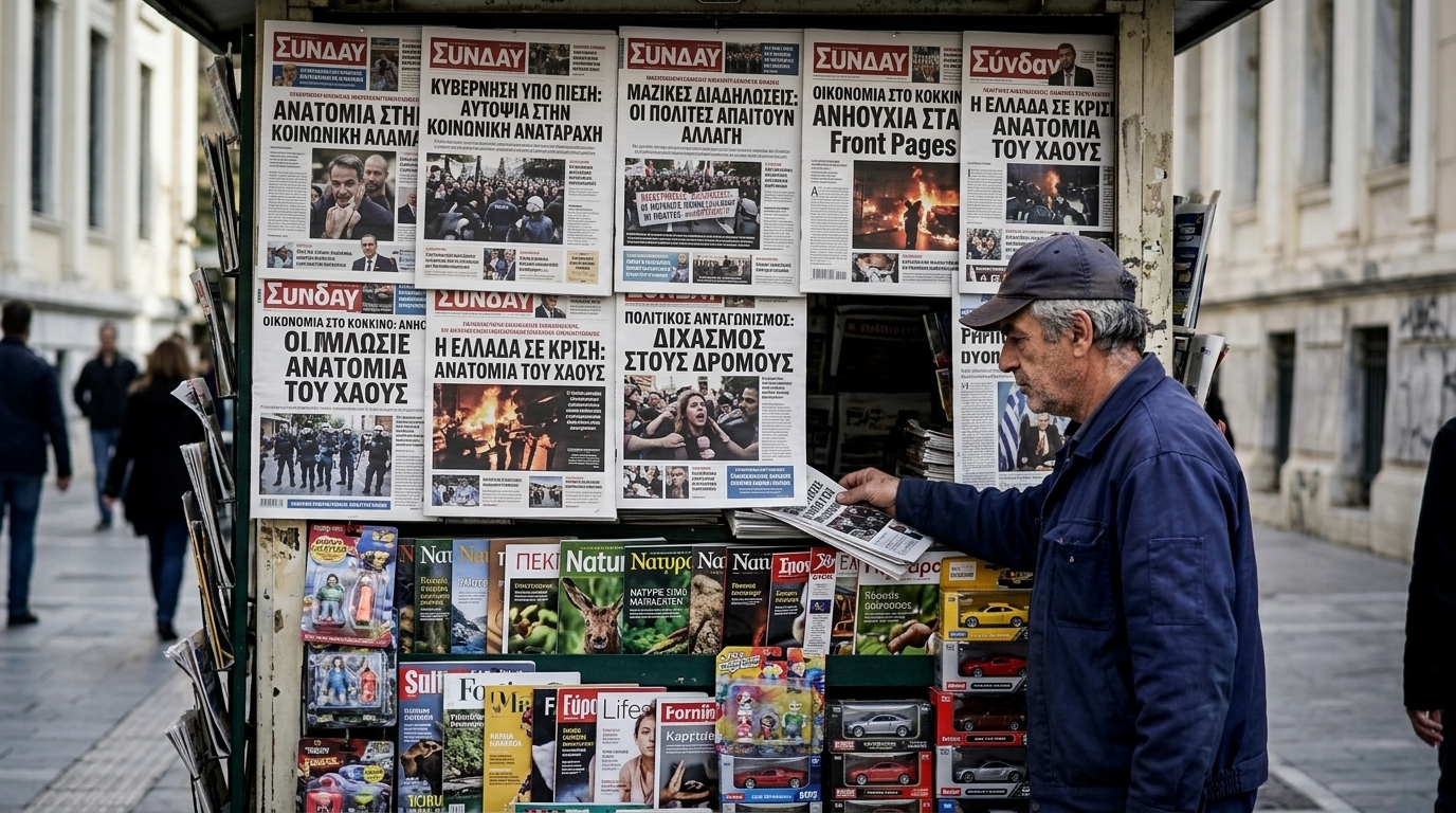 Συλλογή από πρωτοσέλιδα κυριακάτικων εφημερίδων για την πολιτική στην Ελλάδα.