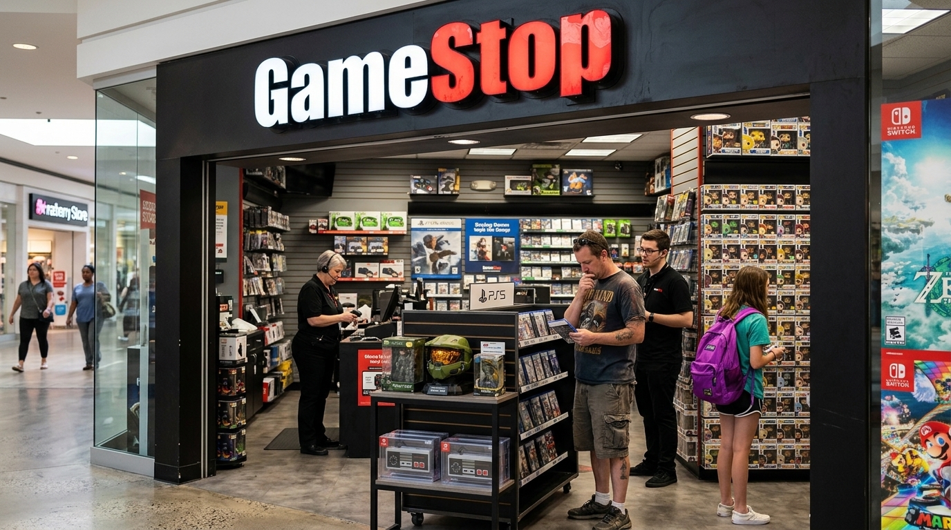 Digital illustration of GameStop and eBay logos representing a potential corporate merger.