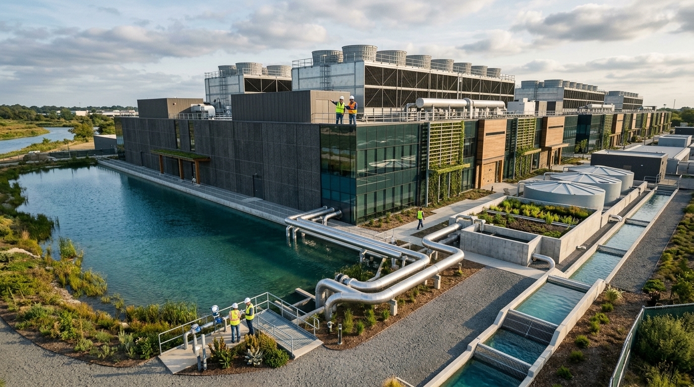 Σύστημα ψύξης data center της Google για βιώσιμη διαχείριση υδάτων στην AI.