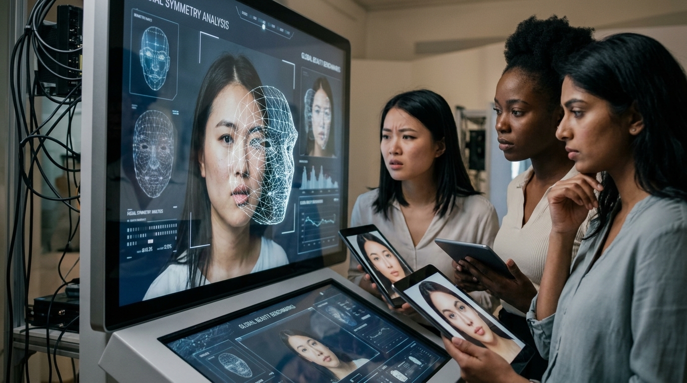 Digital face modification using AI algorithms reflecting modern beauty standards.