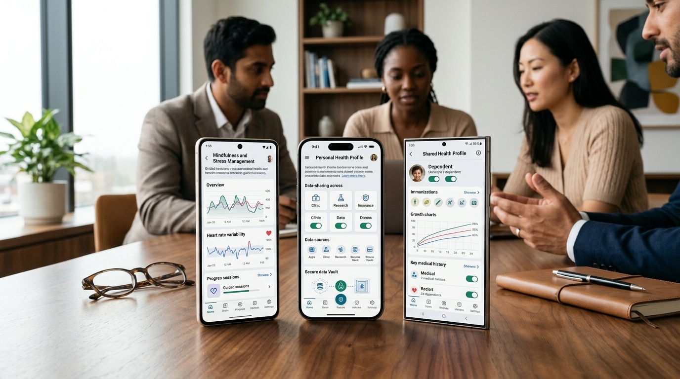 Διεπαφή της εφαρμογής Google Health σε smartphone που δείχνει στατιστικά υγείας και ευεξίας.