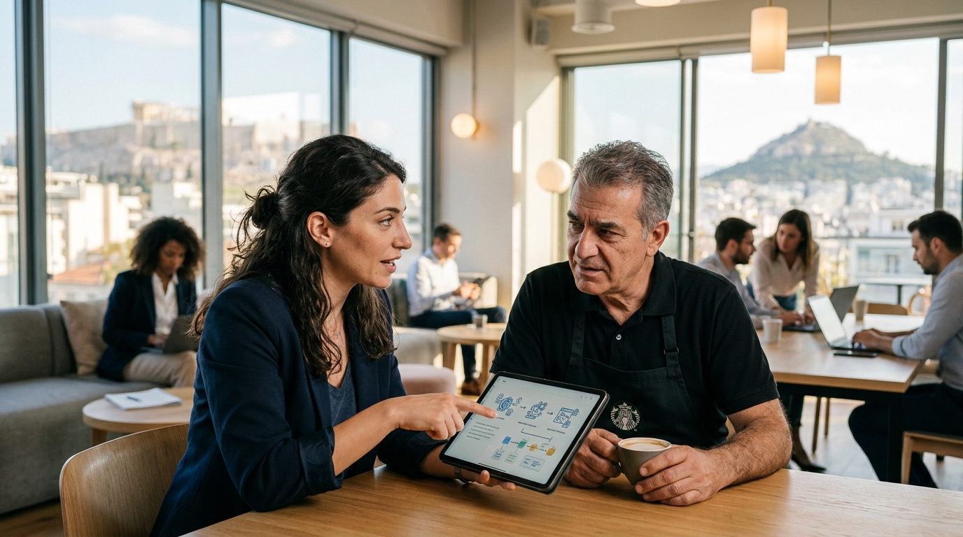 Ένας barista προετοιμάζει καφέ δίπλα σε οθόνη με Τεχνητή Νοημοσύνη στα Starbucks.