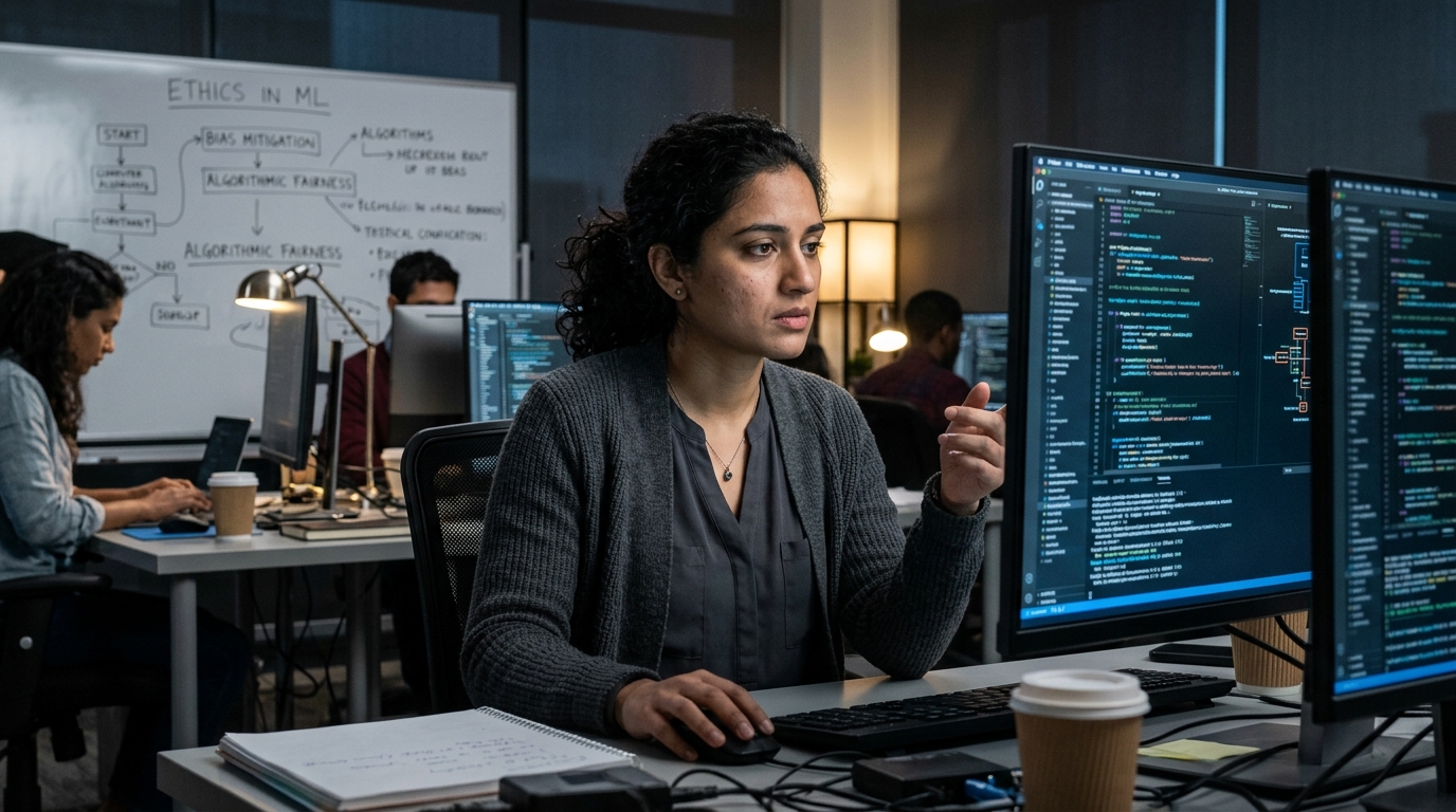 Digital art of a woman and computer code representing AI misogyny and ethical challenges.