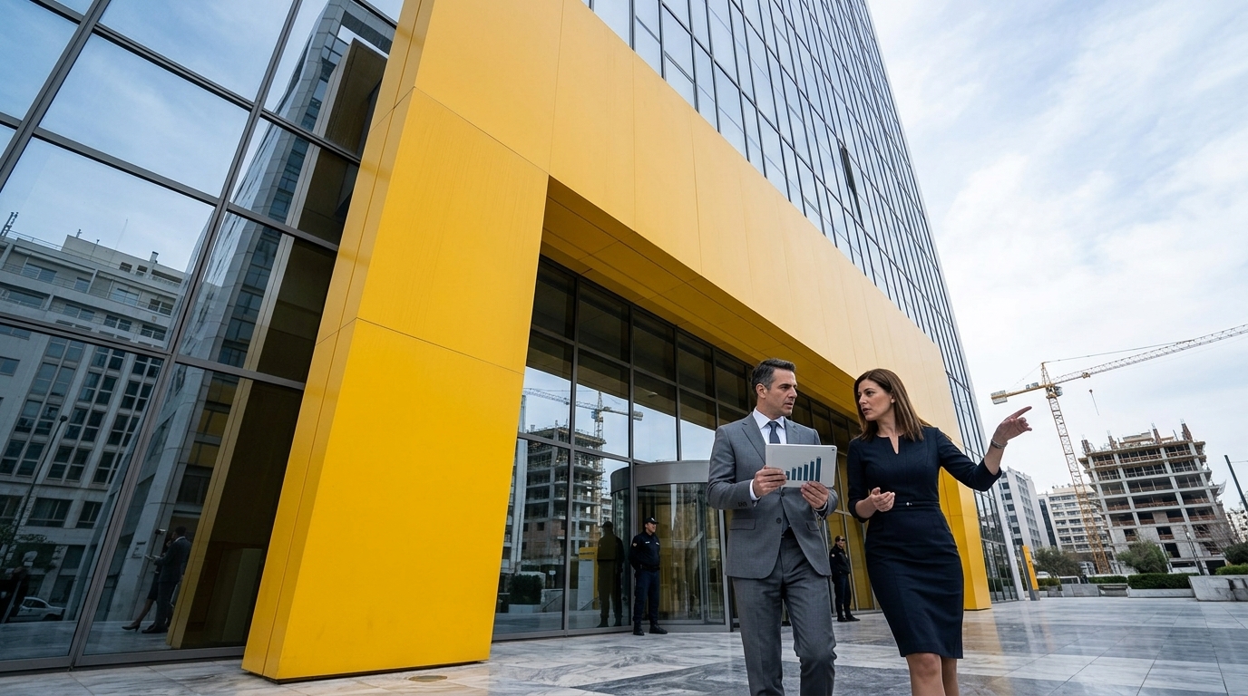 Piraeus Bank logo on a modern building, representing 2026 profitability and digital growth.