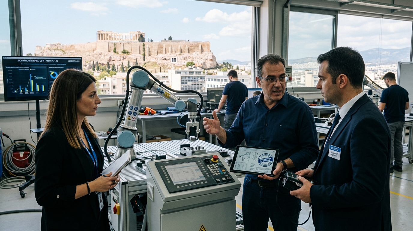Greek industrial production using AI technology and AXIA CERT certification standards.