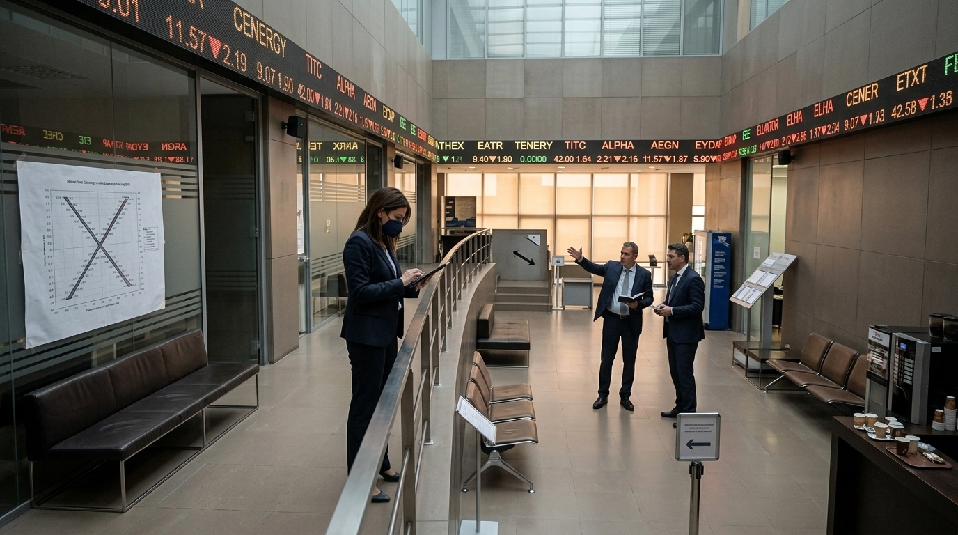 The Athens Exchange building with financial growth charts and the MSCI logo.