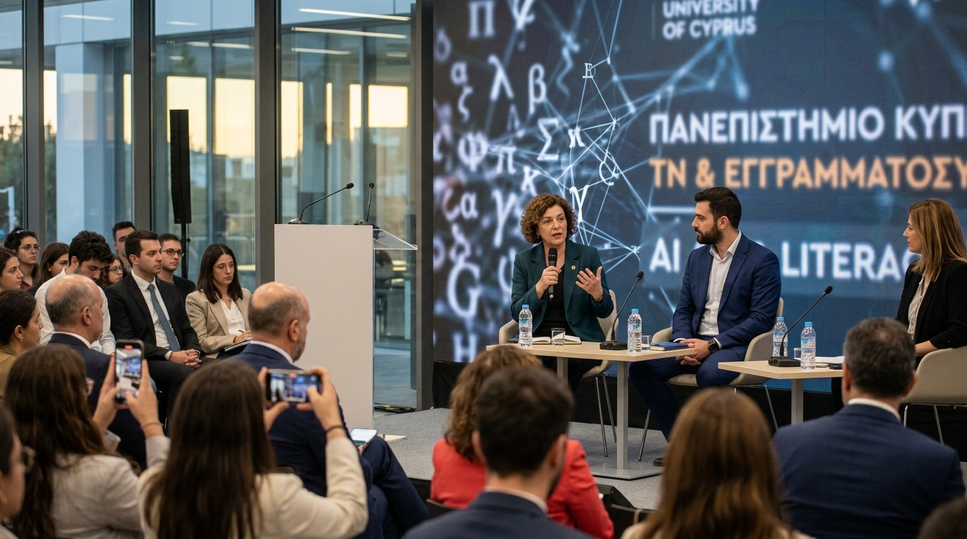 Digital illustration of AI in literature and writing at the University of Cyprus.