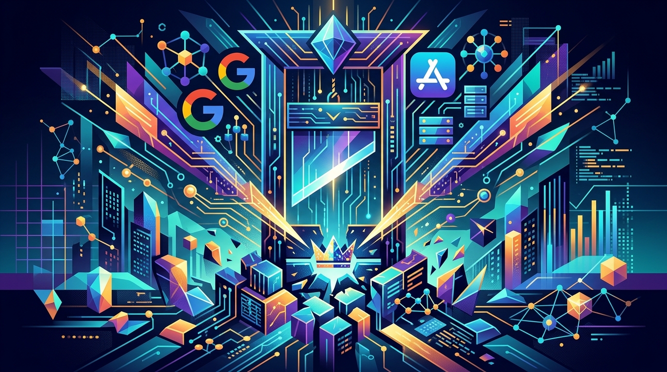 Digital illustration of algorithmic sovereignty and the Apple and Google monopoly.