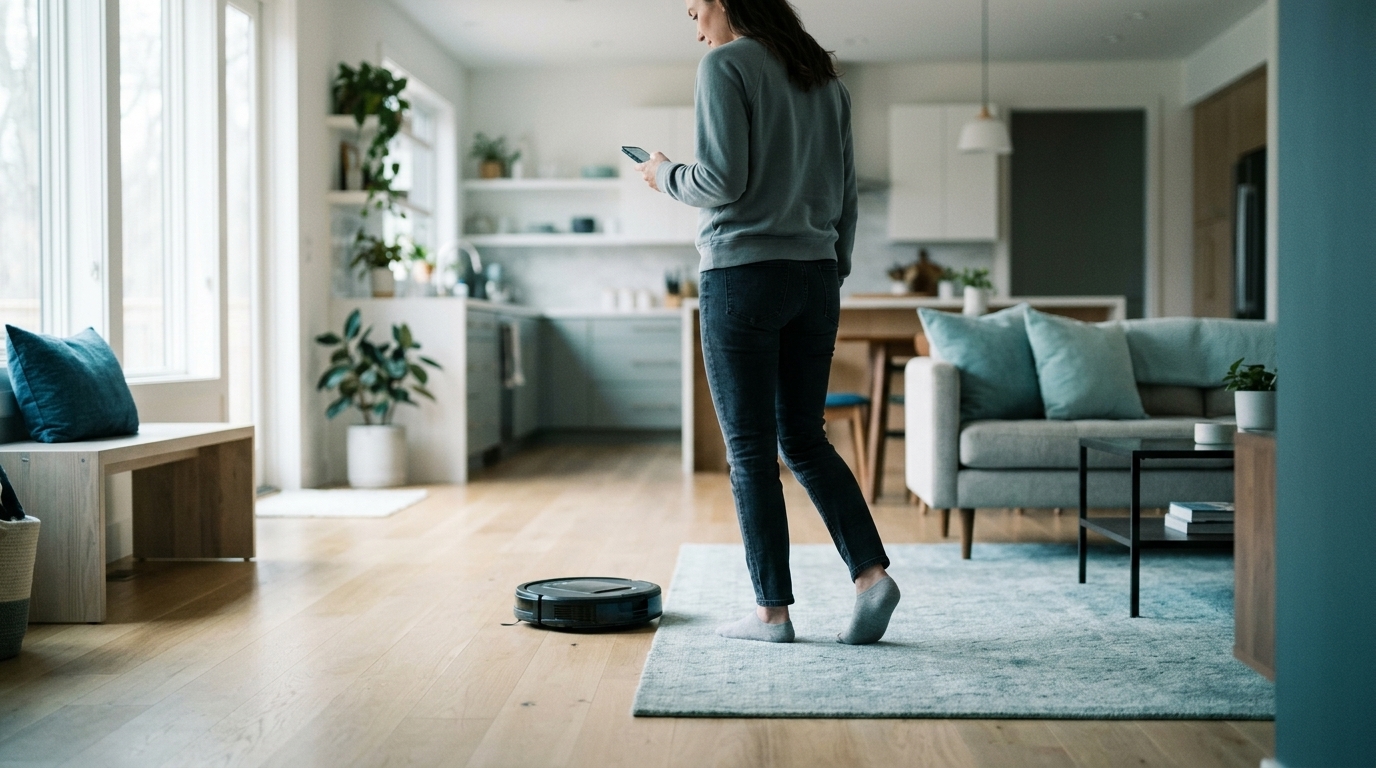 Modern Shark smart vacuum cleaner operating in a living room.