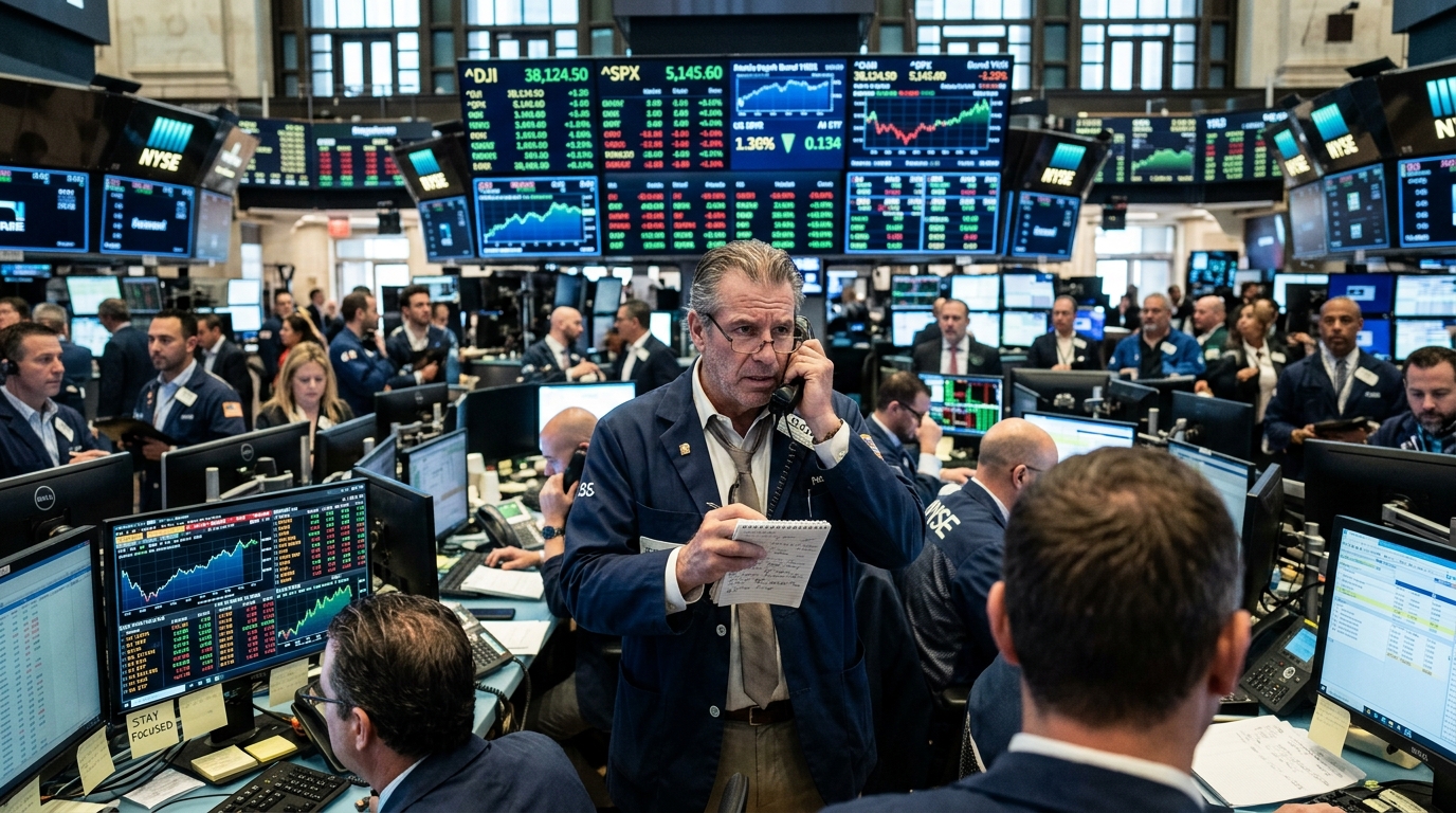 Ψηφιακό γράφημα της Wall Street με στοιχεία για την Τεχνητή Νοημοσύνη και τις αποδόσεις ομολόγων.