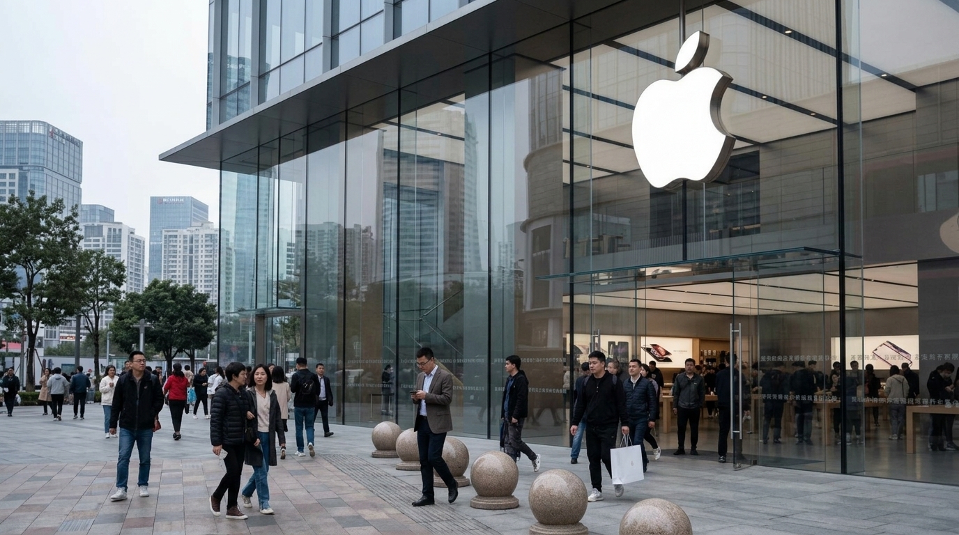 Apple chips and semiconductors shown against the backdrop of US and Chinese flags.