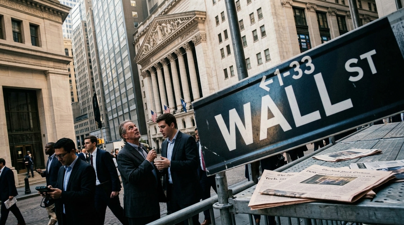 Wall Street stock market board showing Dow Jones and Nasdaq trends.