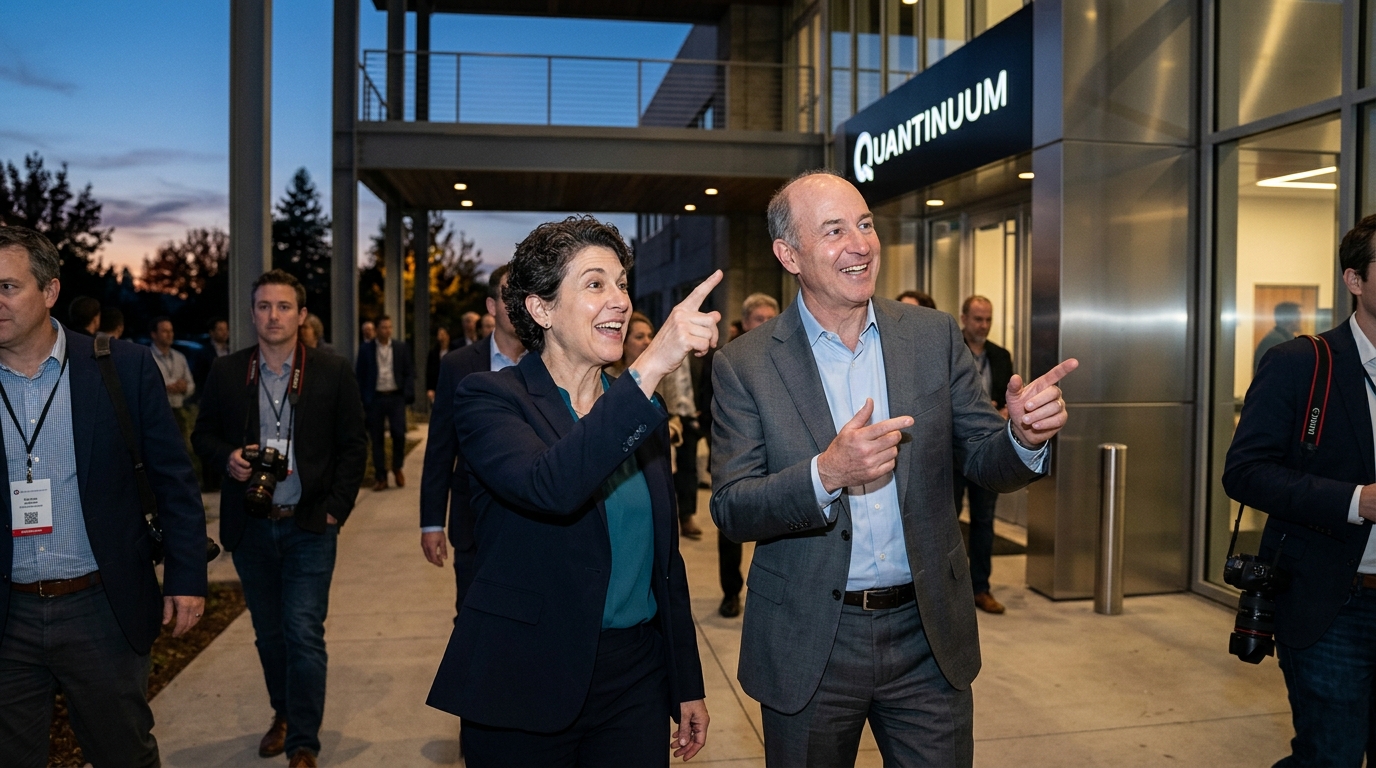 Quantinuum logo on a quantum processor background for the US IPO filing announcement.