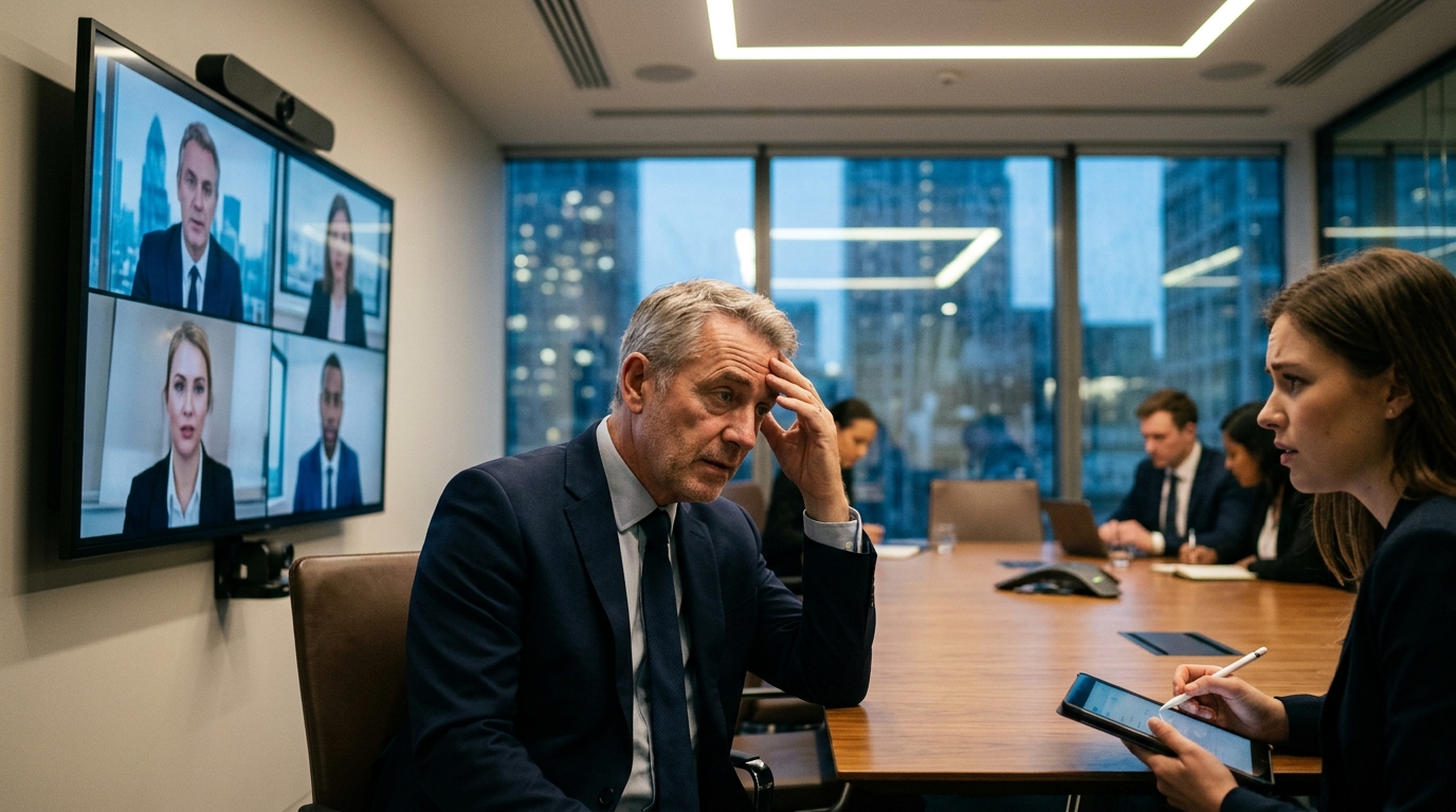 Digital representation of an AI deepfake during a corporate virtual meeting.