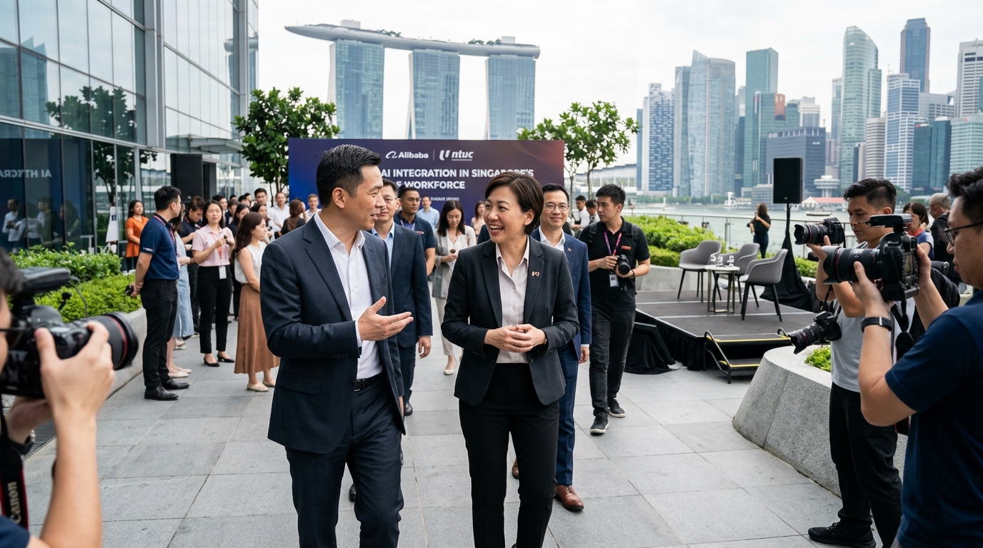 Alibaba Cloud and NTUC representatives discussing AI integration for the Singapore workforce.