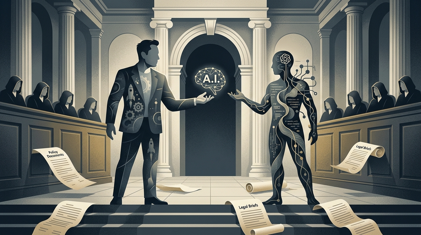 Ο Elon Musk και το λογότυπο της OpenAI σε δικαστική αίθουσα για την υπόθεση Musk OpenAI.