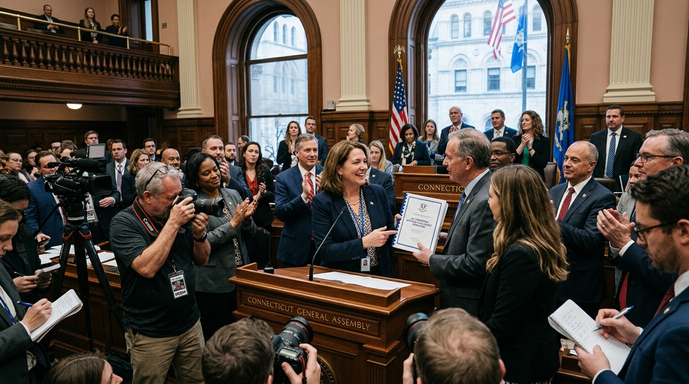 Justice scales and digital circuits representing AI regulation and policy in Connecticut.