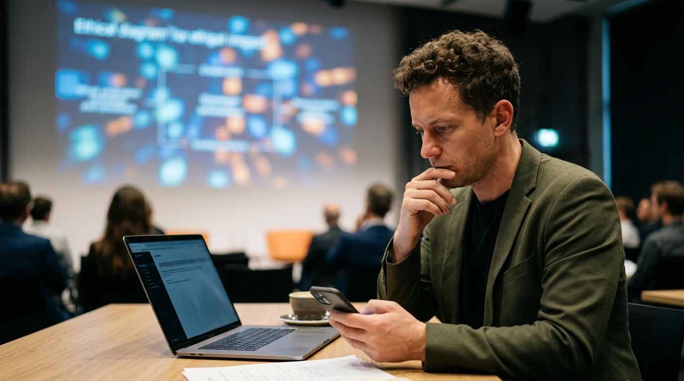 A person reflecting in front of digital circuits, highlighting AI ethics and safety.