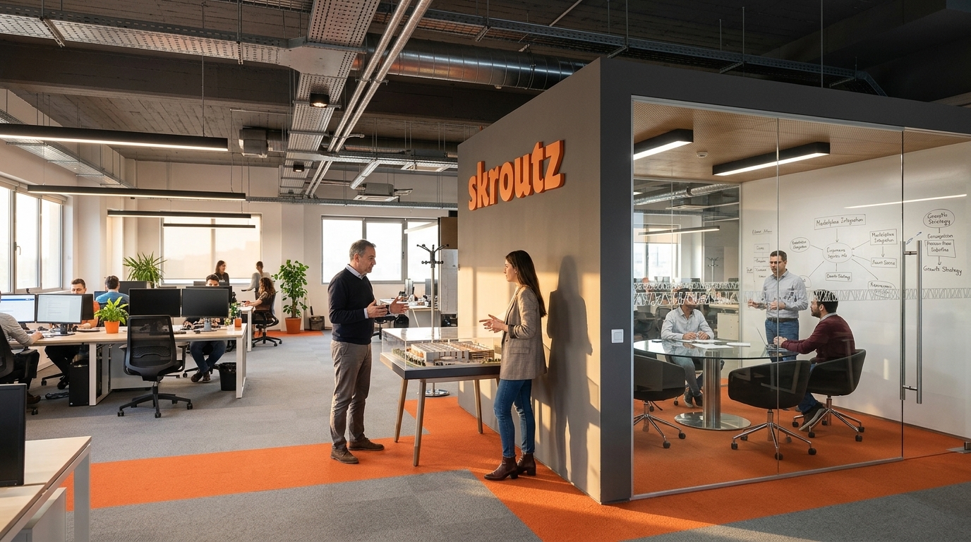 Blackstone and Skroutz logos on a background symbolizing the landmark acquisition in Greek e-commerce.