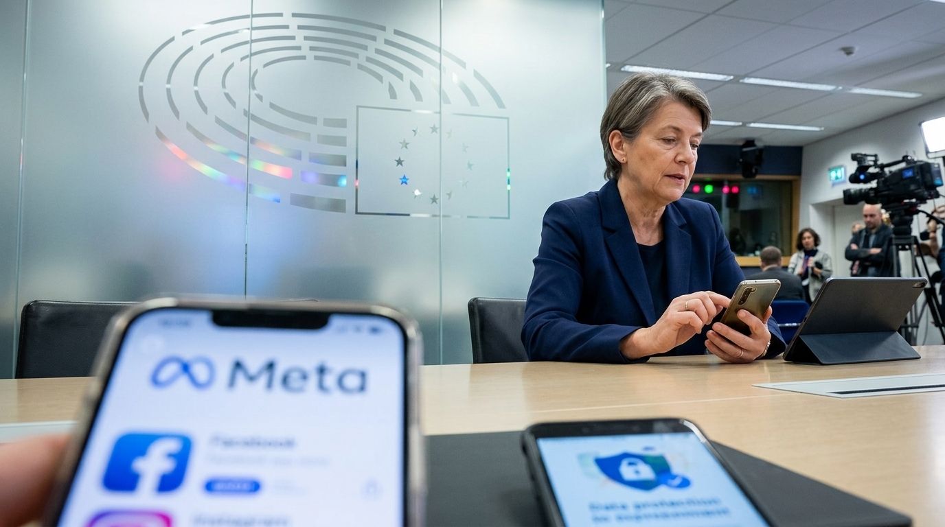 Meta and European Union logos representing child safety investigations.