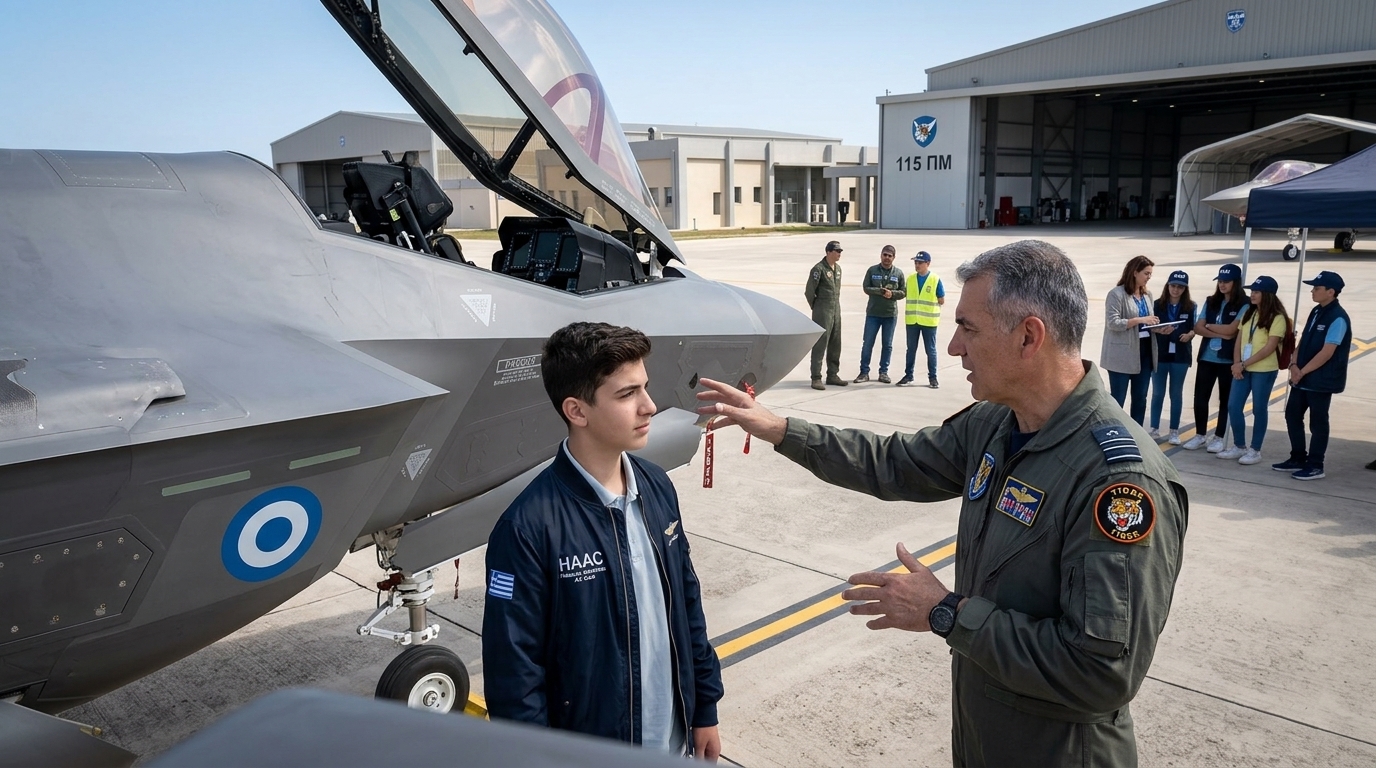 Children in Chania learning about F-35 fighter jet technology from the Hellenic Air Force.