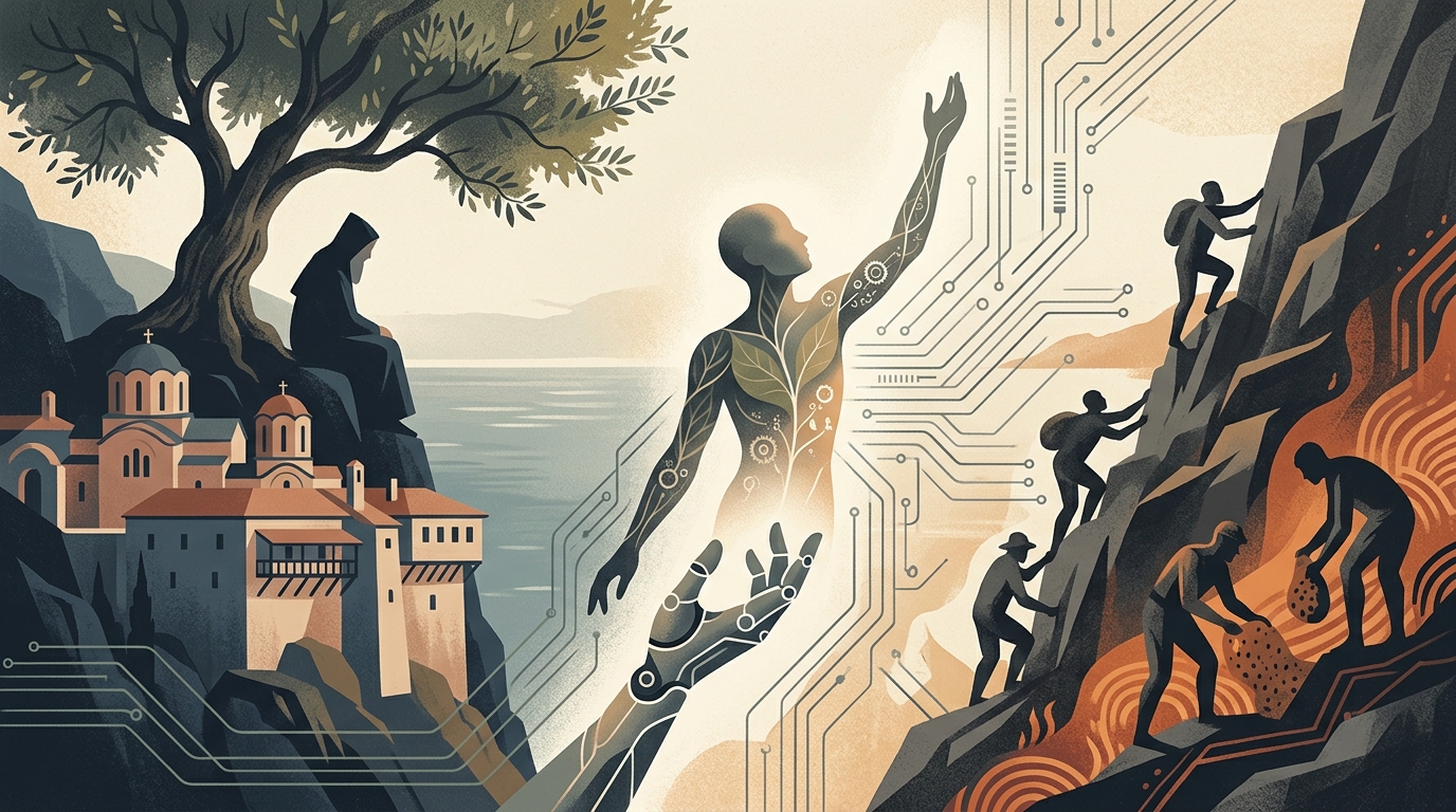 Symbolic representation of AI ethics between nature and technology.