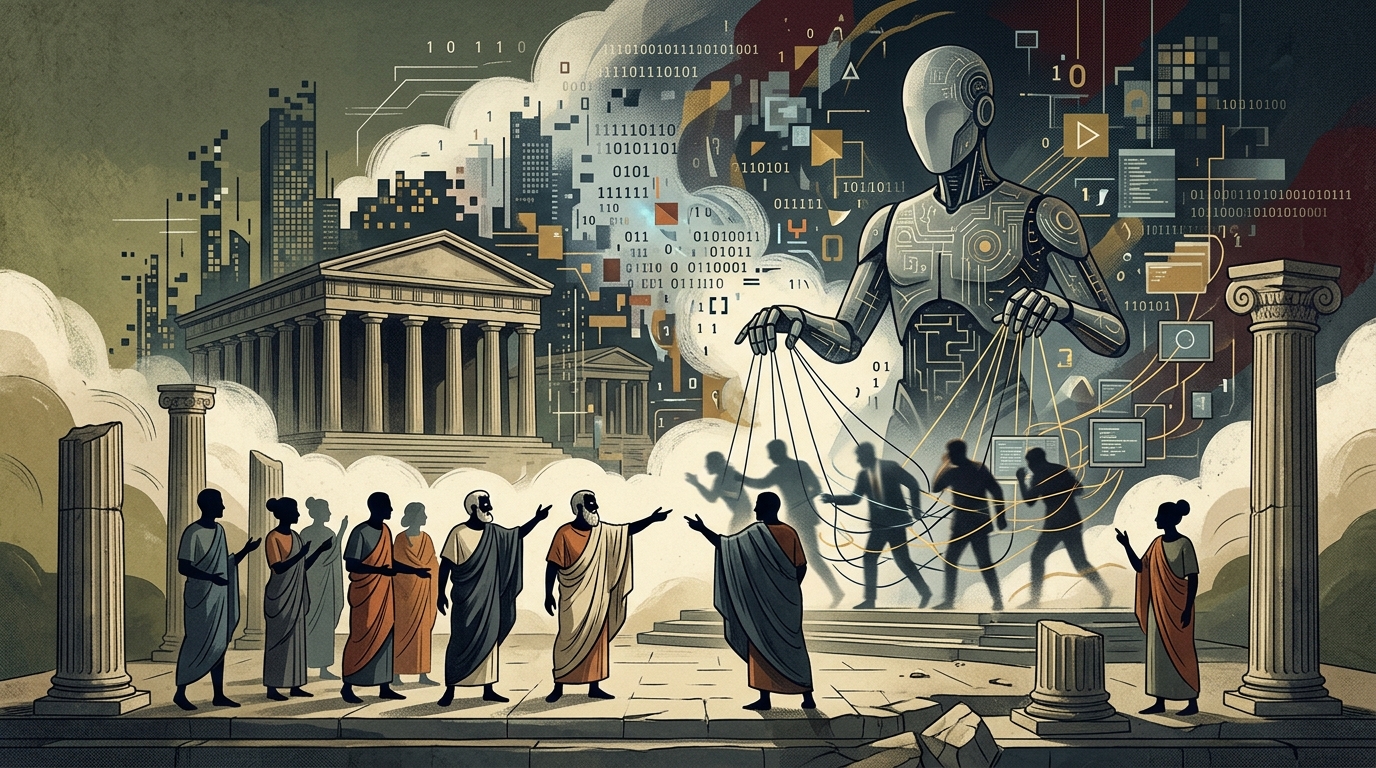 Digital representation of AI agents and human knowledge in a modern agora, illustrating AI ethics.