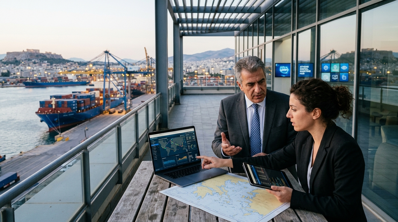 Modern shipping vessel with artificial intelligence digital elements at sea.