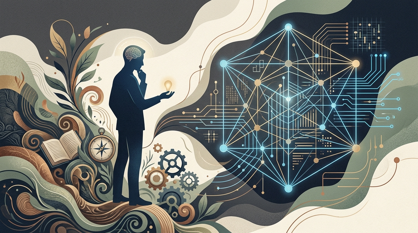 Abstract representation of AI ethics and human wisdom in a digital world.