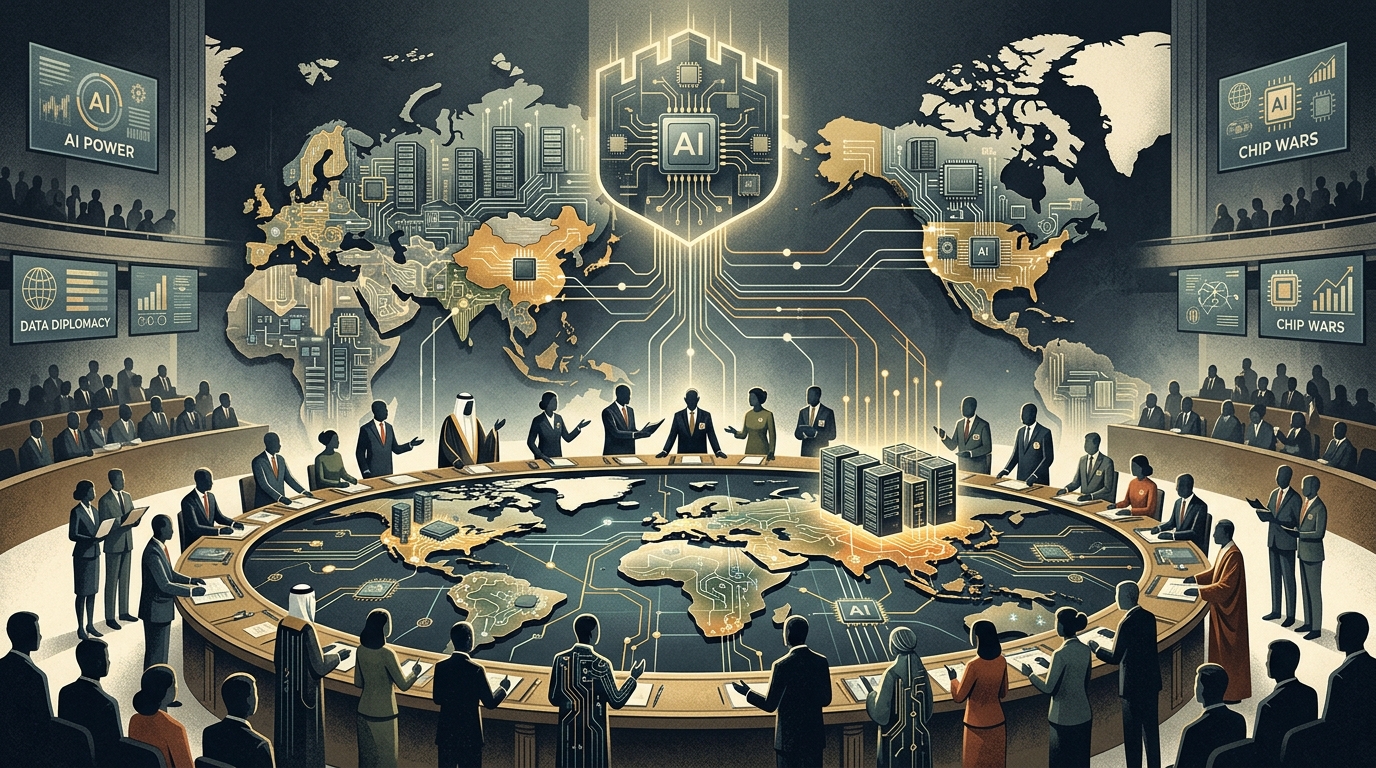 Digital world map representing AI geopolitics and global data center networks.