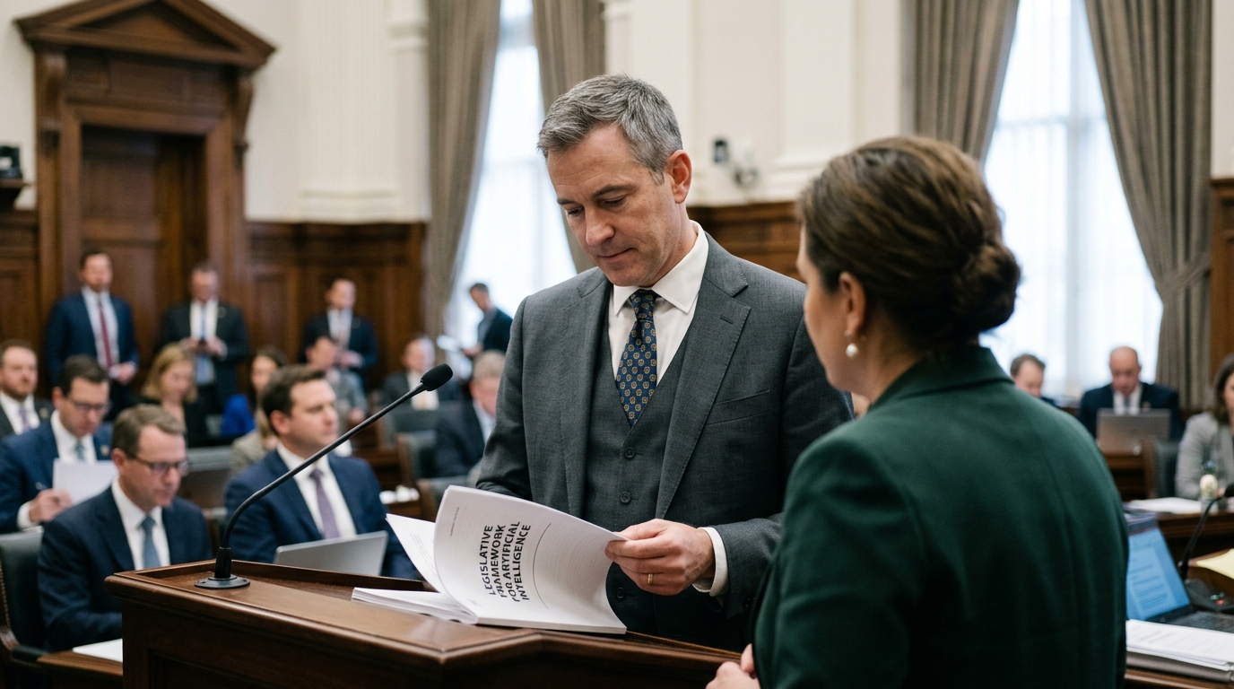 Ψηφιακή απεικόνιση της ασφάλειας τεχνητής νοημοσύνης και της κρατικής νομοθεσίας.