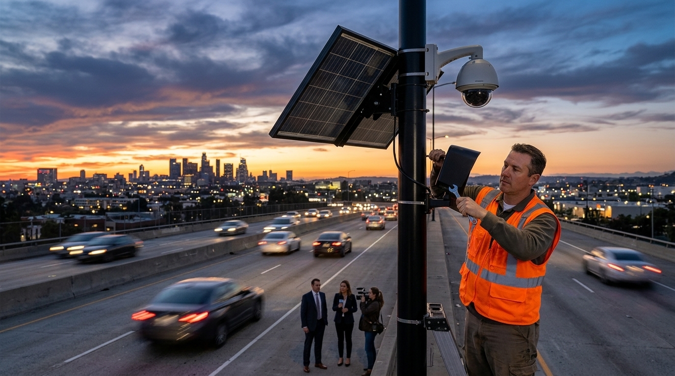 Automated license plate recognition camera on a highway pole for surveillance.
