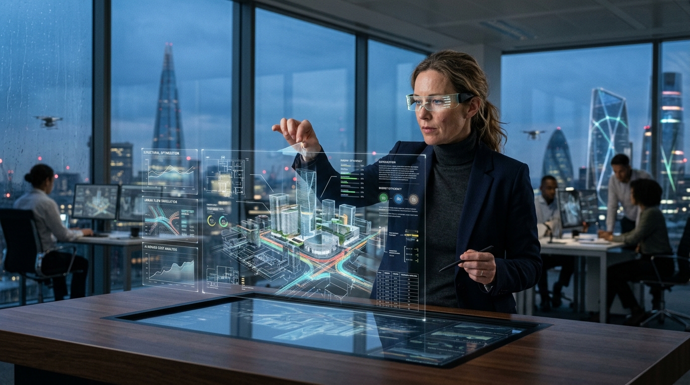 Professional using AI software to enhance expertise and productivity in a modern office setting.