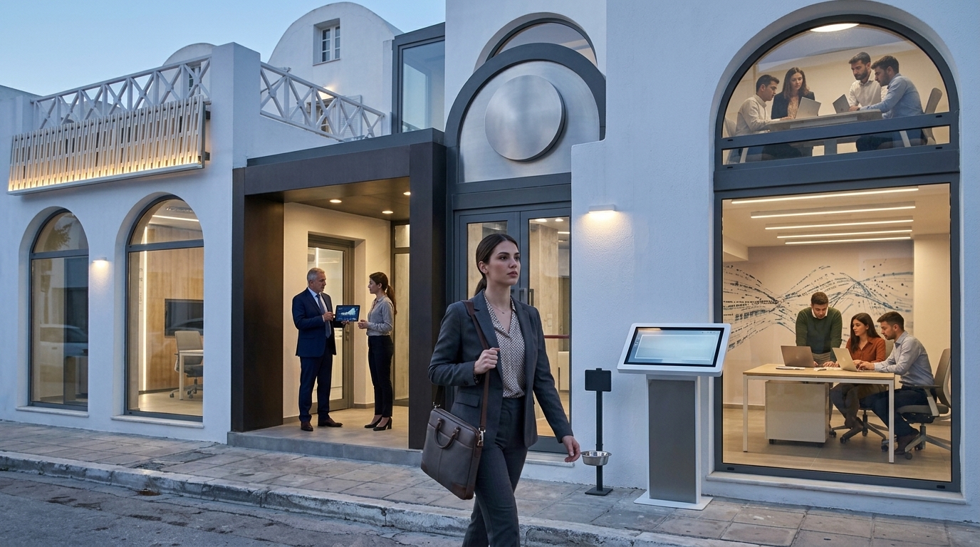 Σύγχρονα γραφεία της ΔΕΗ με έμφαση στην τεχνητή νοημοσύνη και την πράσινη ενέργεια.