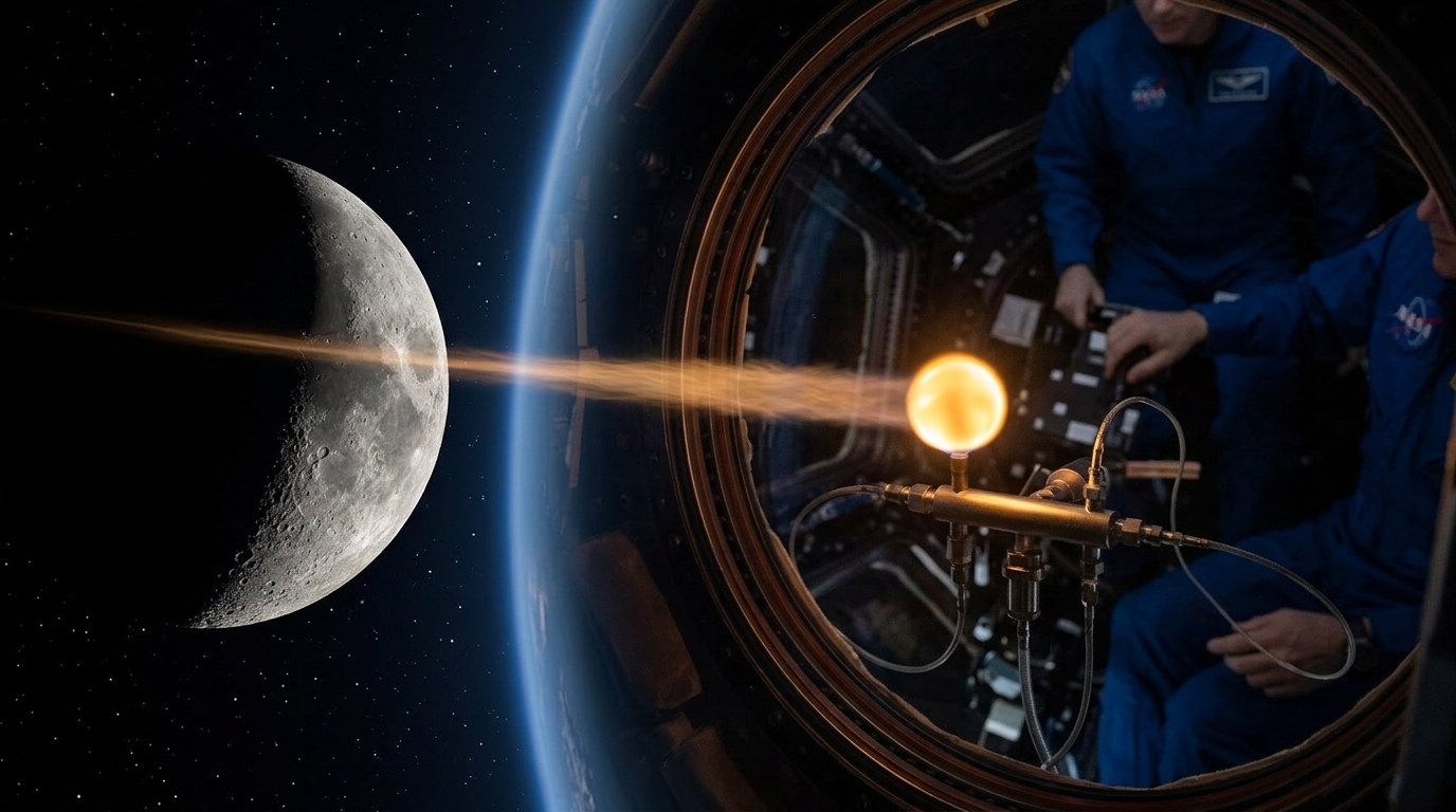 NASA lunar fire experiment simulation showing combustion in low gravity for astronaut safety research.