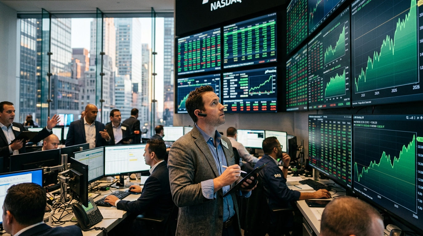 Ψηφιακό γράφημα του δείκτη Nasdaq με σύμβολα τεχνητής νοημοσύνης και επενδύσεων.