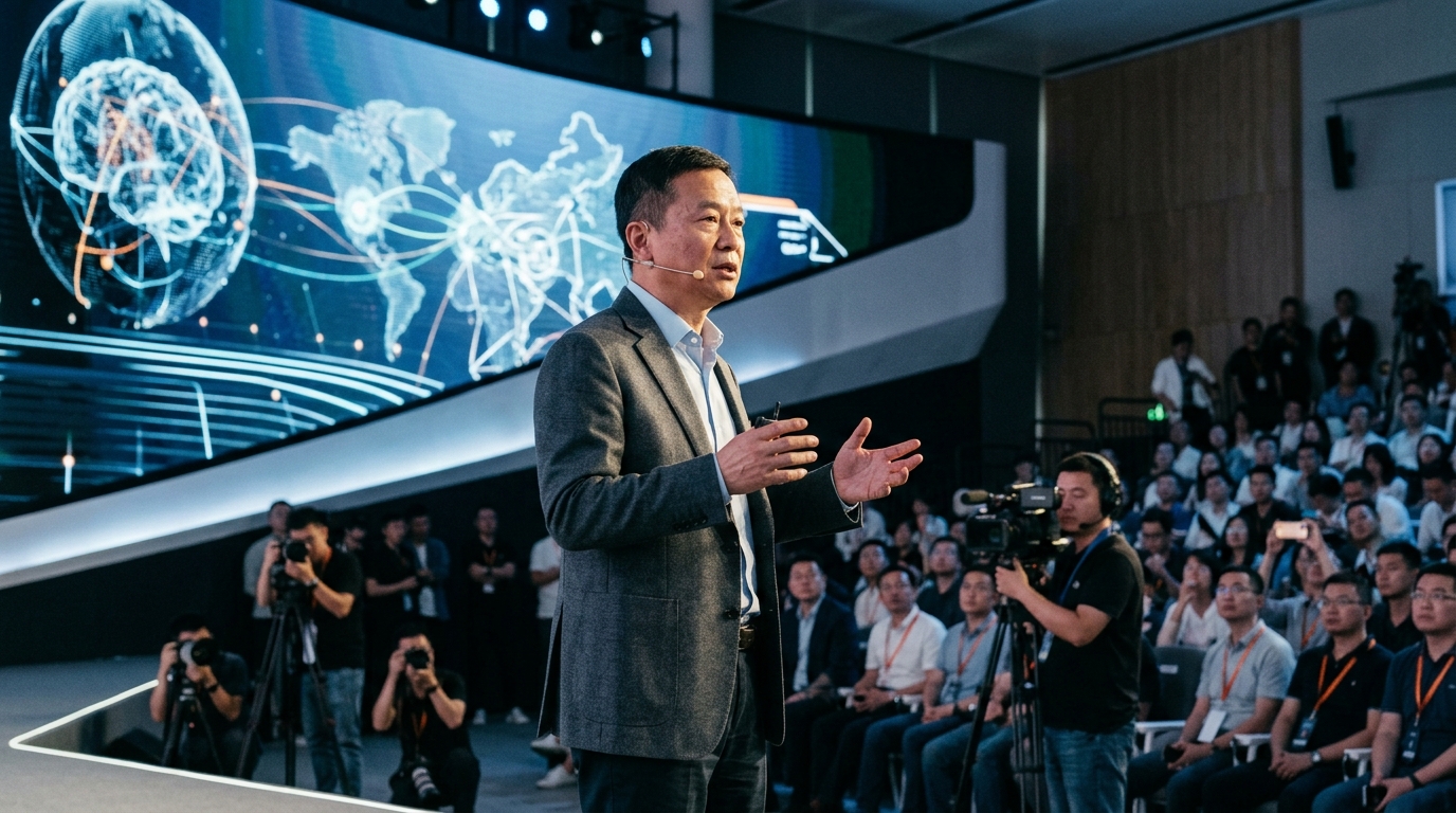 Alibaba logo integrated with artificial intelligence and cloud computing digital elements.